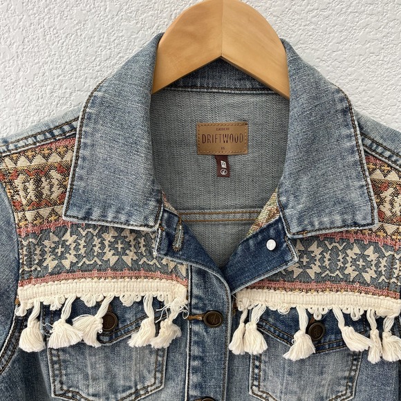 Driftwood Geena Denim Trucker Jacket XS Embroidered Tassles Aztec Boho Western - Picture 1 of 7
